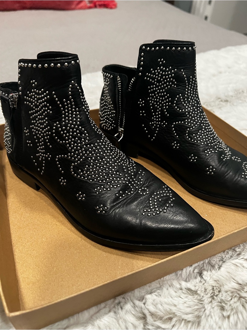 Studded Black Leather Ankle Boots - Women's Western-Inspired Bootie